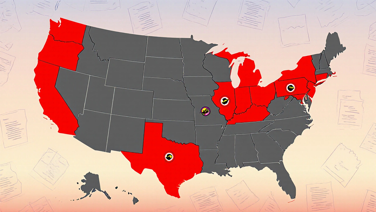 Mapa USA se zvýrazněnými červenými státy, kde je HHC zakázán, doplněná o soudní symboly.