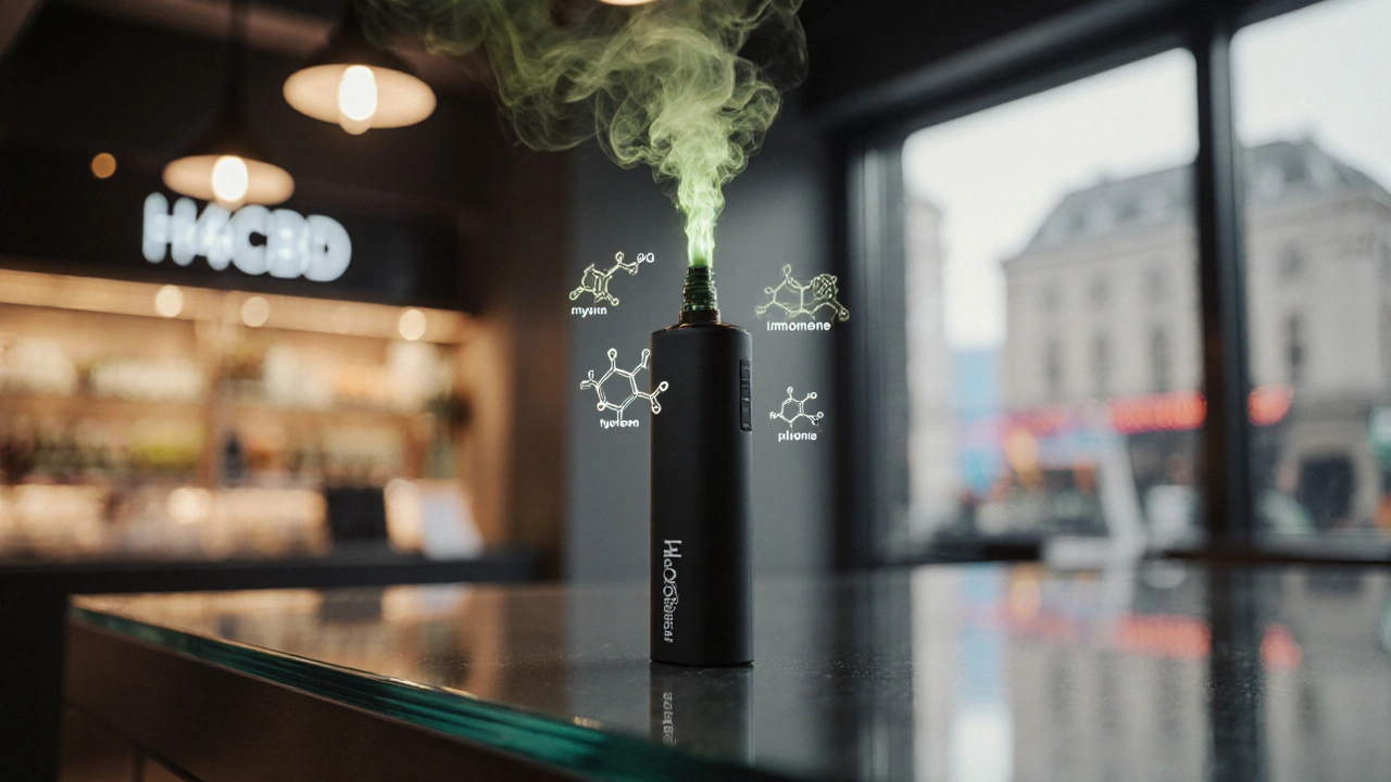Moderní H4CBD vape v kiosku, obláčky páry a terpenové ikony.
