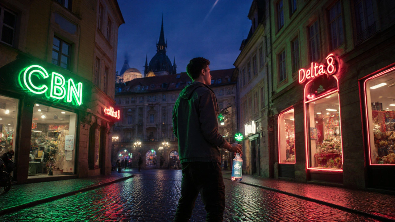Noční ulice v Praze s neonovými obchody CBN a Delta‑8, zákazník vybírá produkt.