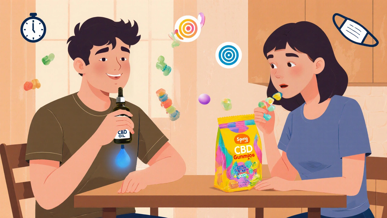 Osoba sedí u stolu, drží CBD olej pod jazykem a jí CBD gummies.