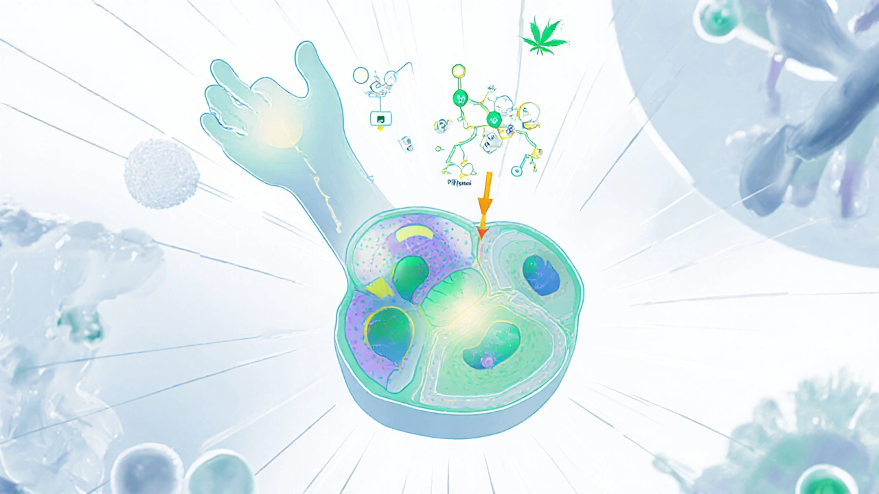 Schéma buněčného metabolismu s kanabinoidy, terpeny a mitochondriemi v svalové buňce.
