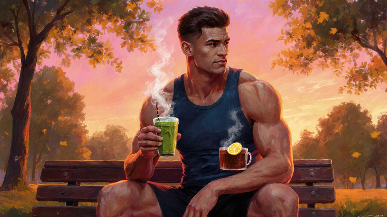 Sportovec po tréninku s konopným proteinovým shakeem a šálkem matcha, usmívá se.