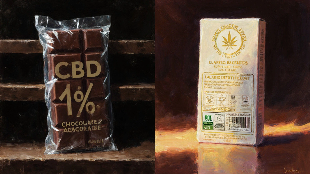 Contrasting images of low-quality and premium cannabis edibles under different lighting.