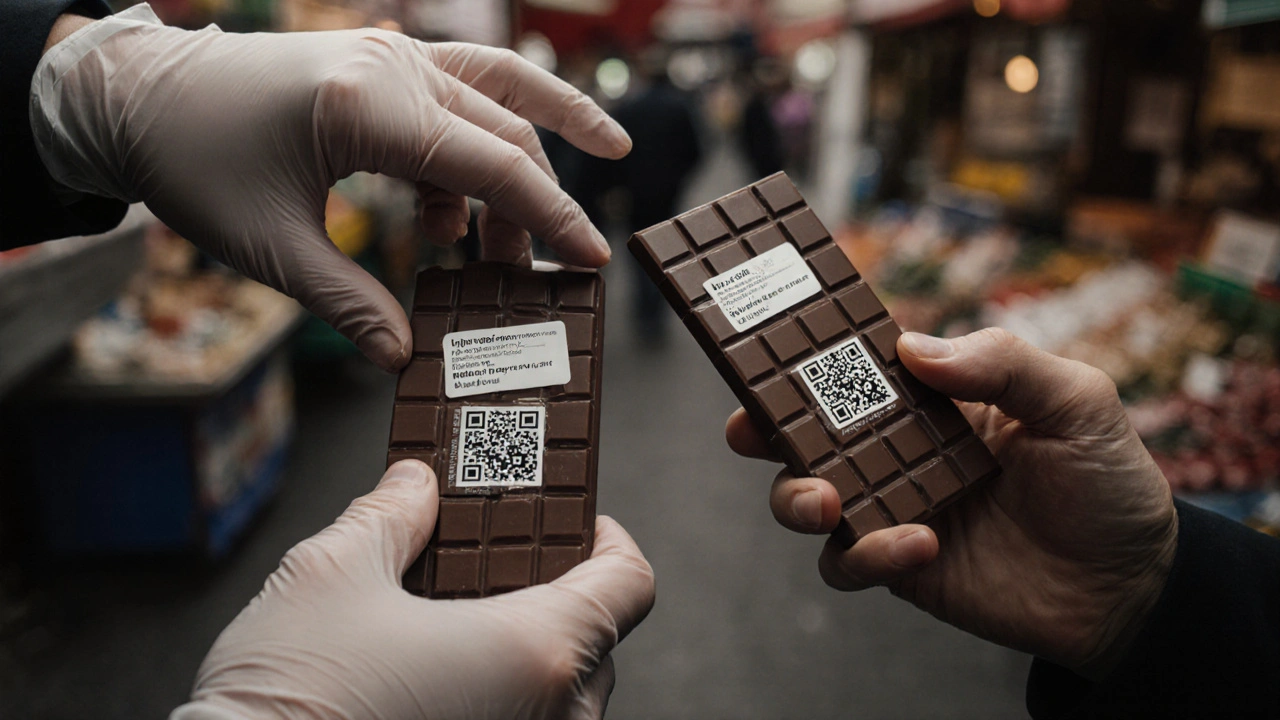 Hands reaching for two chocolate bars—one legal with certification, one hidden as illegal.