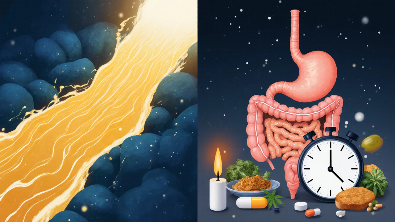 Ilustrace dvou cest účinku CBD: rychlá pod jazykem a pomalá při polykání.