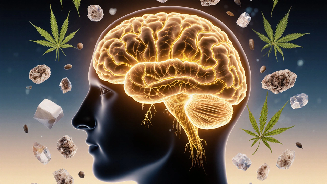 Ilustrace lidského mozku s proudy omega-3 a neurotransmiterů, obklopená semínky konopí a minerály.