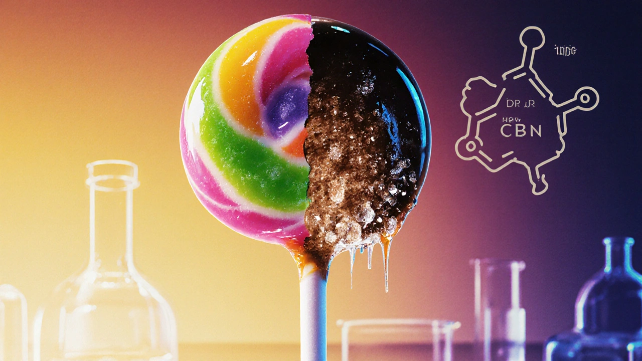 Jedna konopná lolly v čerstvém stavu a druhá po rozkladu s lepkavou povrchovou strukturou.
