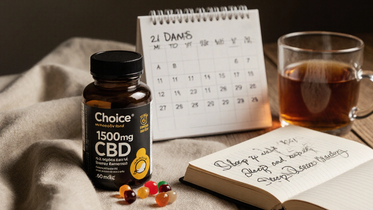 Láhev 1500 mg CBD gumiček vedle kalendáře s označenými dny a šálkem čaje.