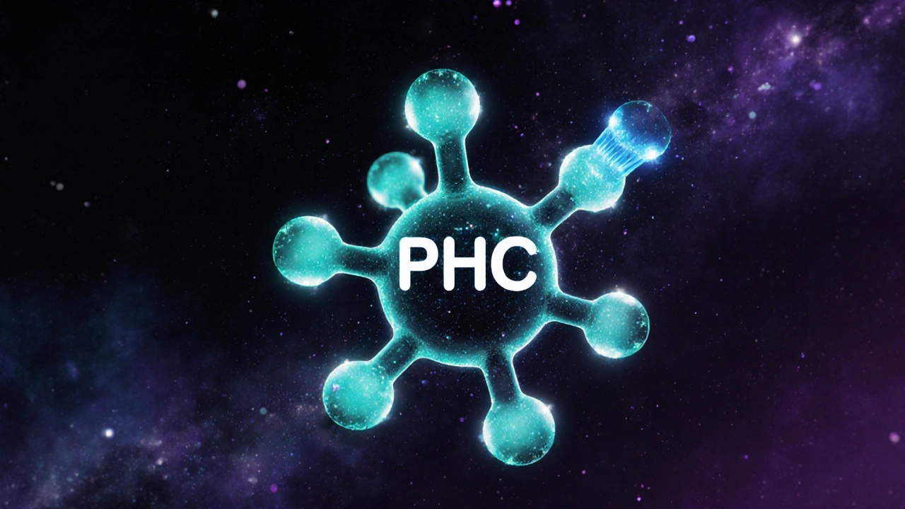 Molekulární struktura PHC vznikající přidáním vodíku k THC v kosmickém prostředí