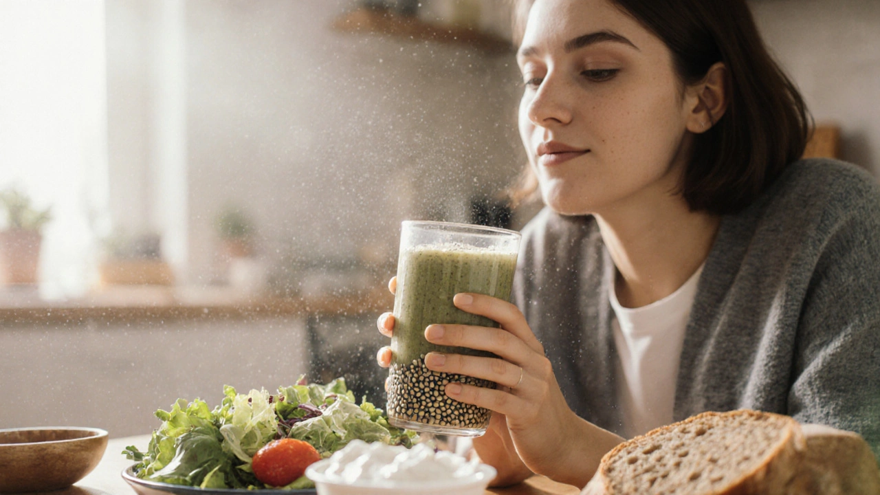 Osoba pije smoothie s semínky konopí v klidné kuchyni při přírodním světle.