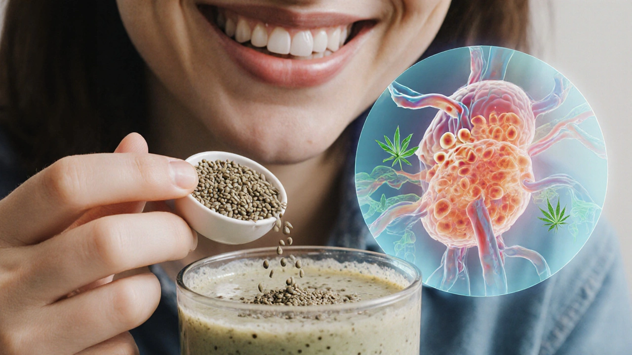 Osoba přidává mletá semena konopí do smoothie s výživovými látkami.