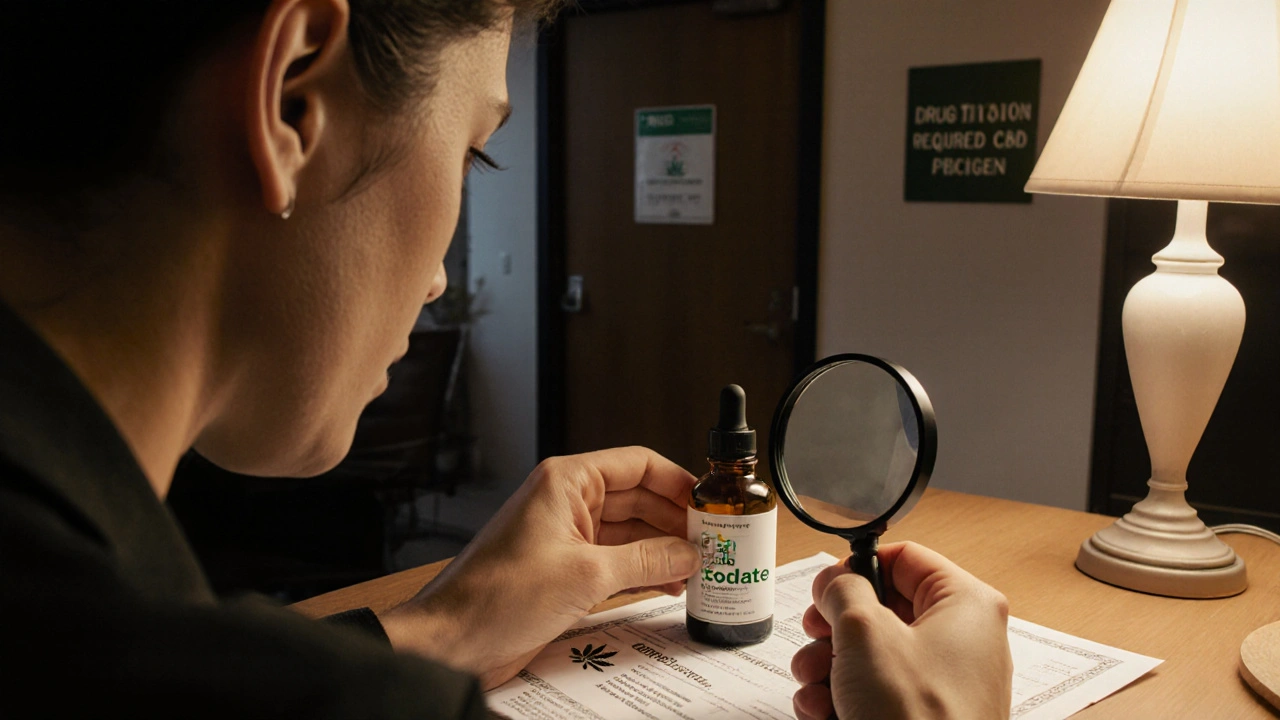 Osoba prozkoumává láhev CBD oleje s certifikátem nezávislé laboratoře na stole.