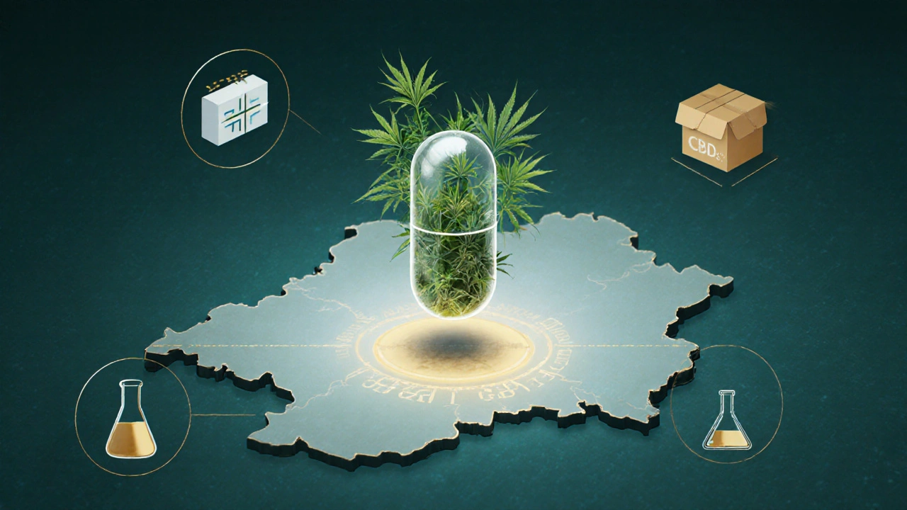 Průhledná CBD kapsle nad mapou Česka s konopím a hranicí 0,3 % THC.