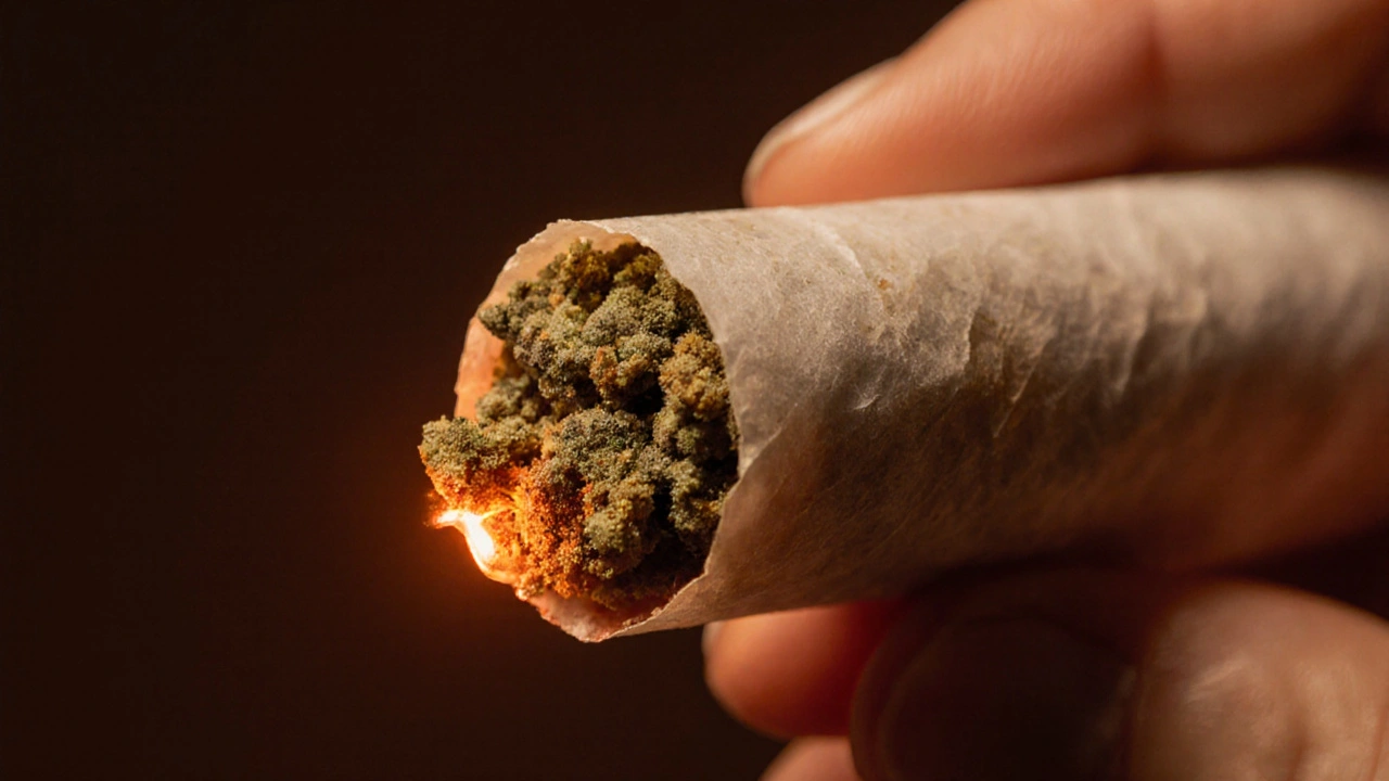 Ručně válená cigareta s kombinací sušených květů a crumble v centru, s jemným zářením na konci.