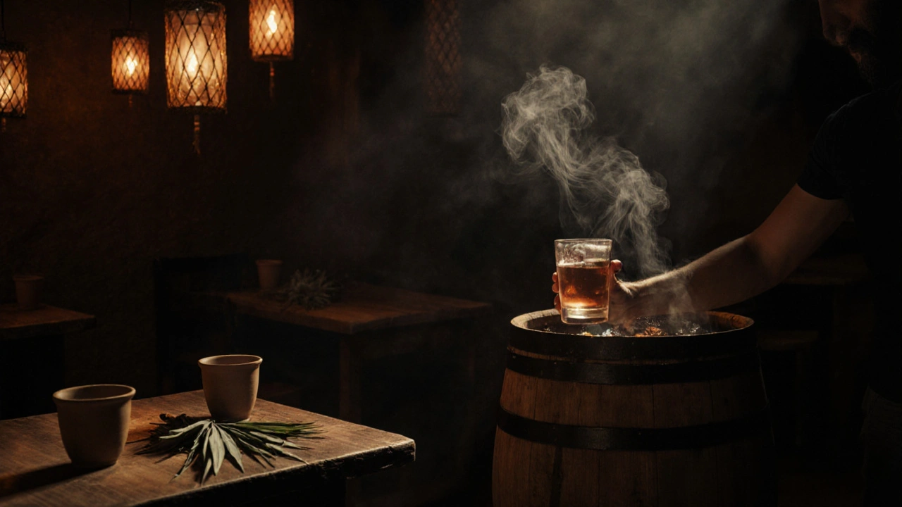 Sklenice mezcalu s kouřem z pečení agávy v tradičním mexickém výrobě.