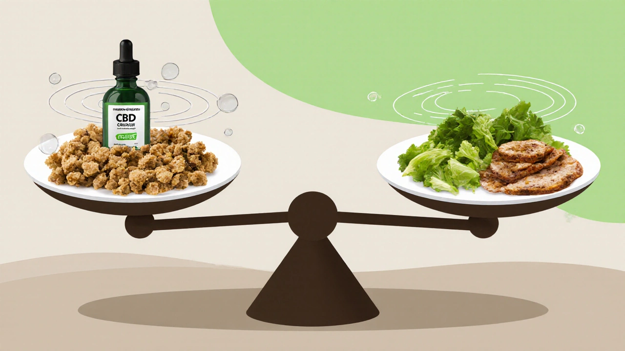 Váha s CBD crumble a dvěma talíři jídla – zdravé vs. nezdravé.
