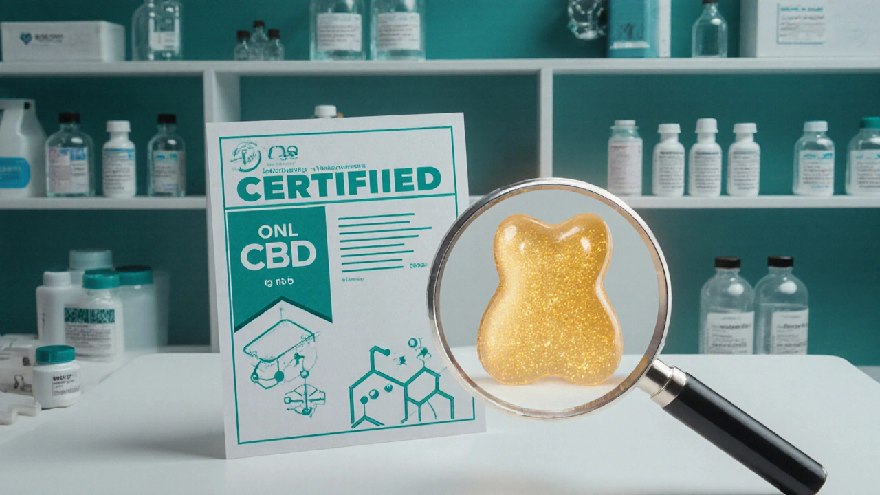 Zvětšená CBD gummy s nanočásticemi a laboratorním potvrzením COA.
