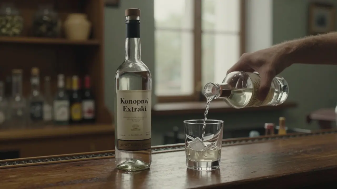 Český bar s láhví konopného extraktu vedle klasické tequilové láhve.