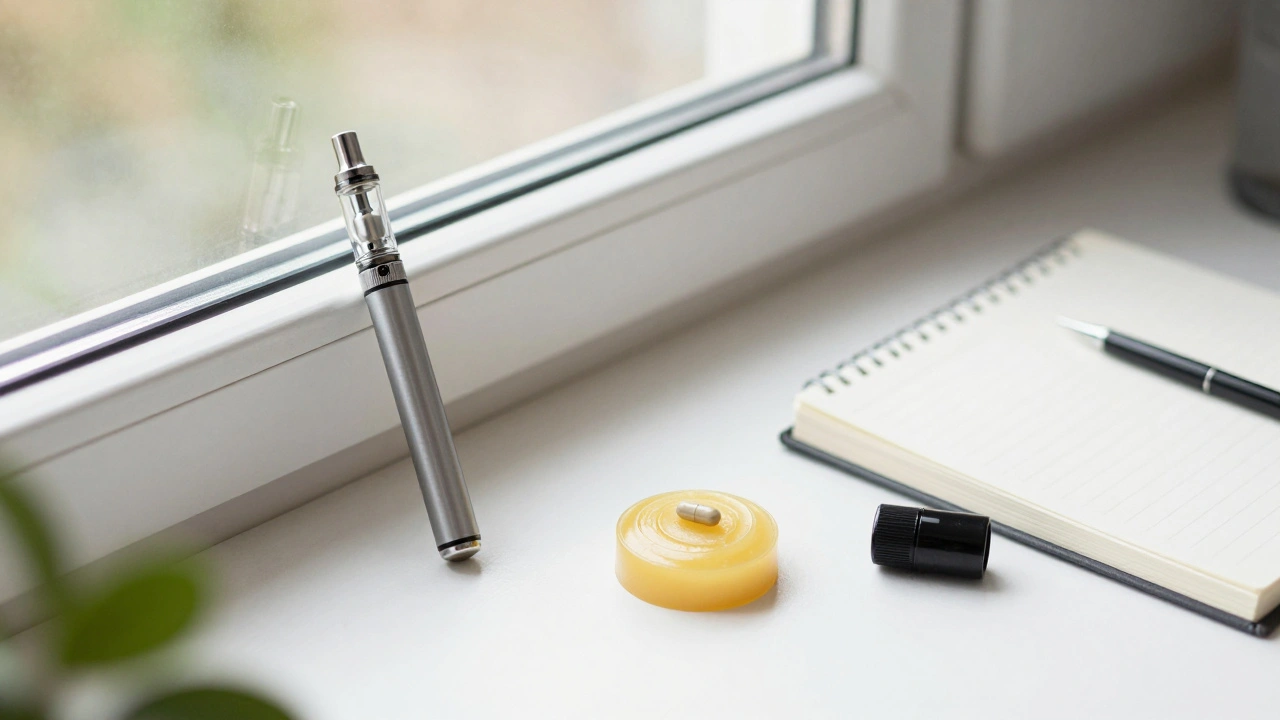 Denní posloupnost CBD metod: vape, kapsle a mast, umístěné v klidném domácím prostředí.