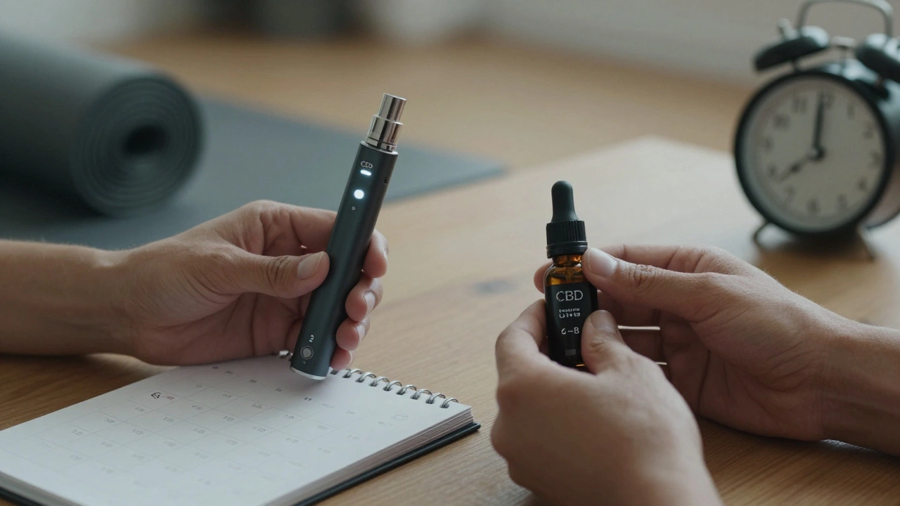 Dvě formy CBD – vape a olej – s ukazateli doby účinku na stole.