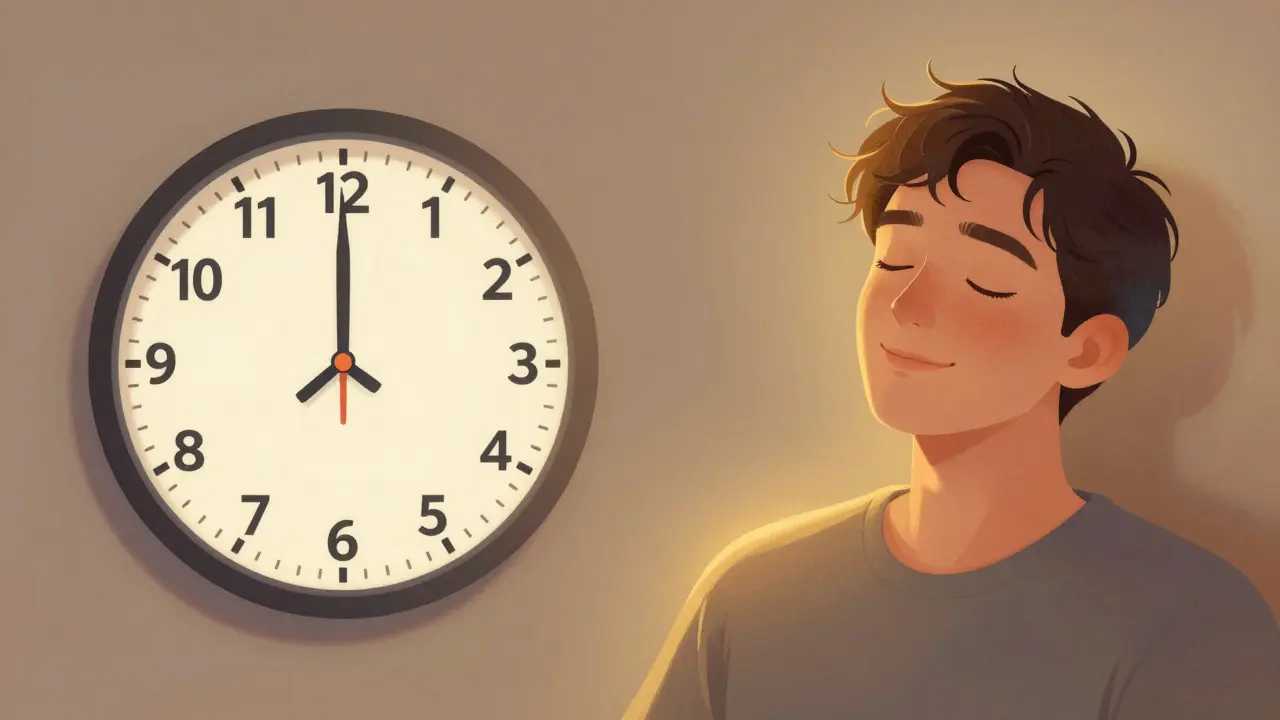 Ilustrace zpožděného účinku edibilu: vlevo čas 45 minut, vpravo osoba uvolněná s jemným zlatým zářením.