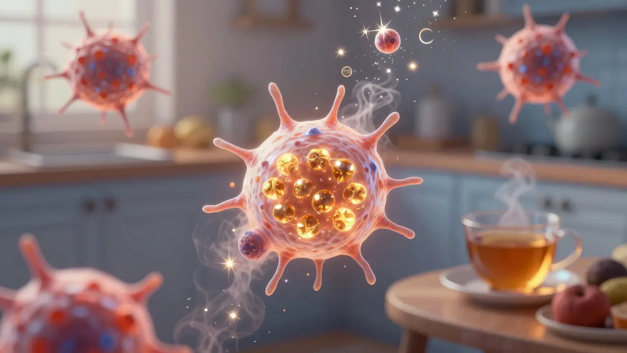 Jaterní buňka s zlatými glutathionovými krystaly, které neutralizují volné radikály.
