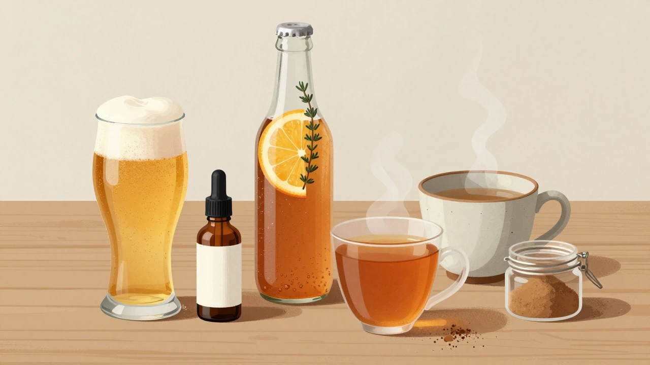 Na dřevěném stole jsou čtyři alternativy k alkoholu: nealkoholové pivo, kombucha, CBD tinktura a bylinný čaj.