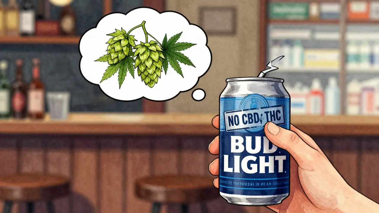 Osoba drží Bud Light s myšlenkovou bublinou, kde jsou zamíchané chmel a konopí.