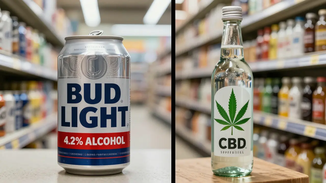 Rozdělený obrázek: Bud Light pivo a CBD nápoj vedle sebe v různých obchodech.
