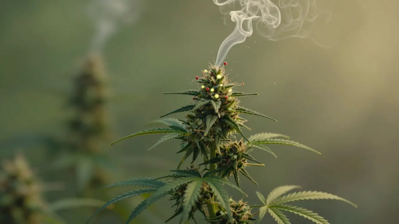 Stárnoucí konopná rostlina, kde se THC mění na CBN jako zářící částice.