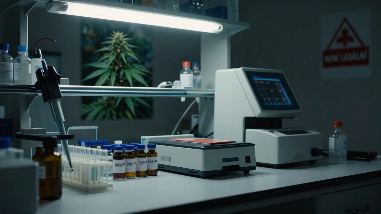 Tajná laboratoř s neoznačenými lahvičkami Delta 9P a varovným štítkem
