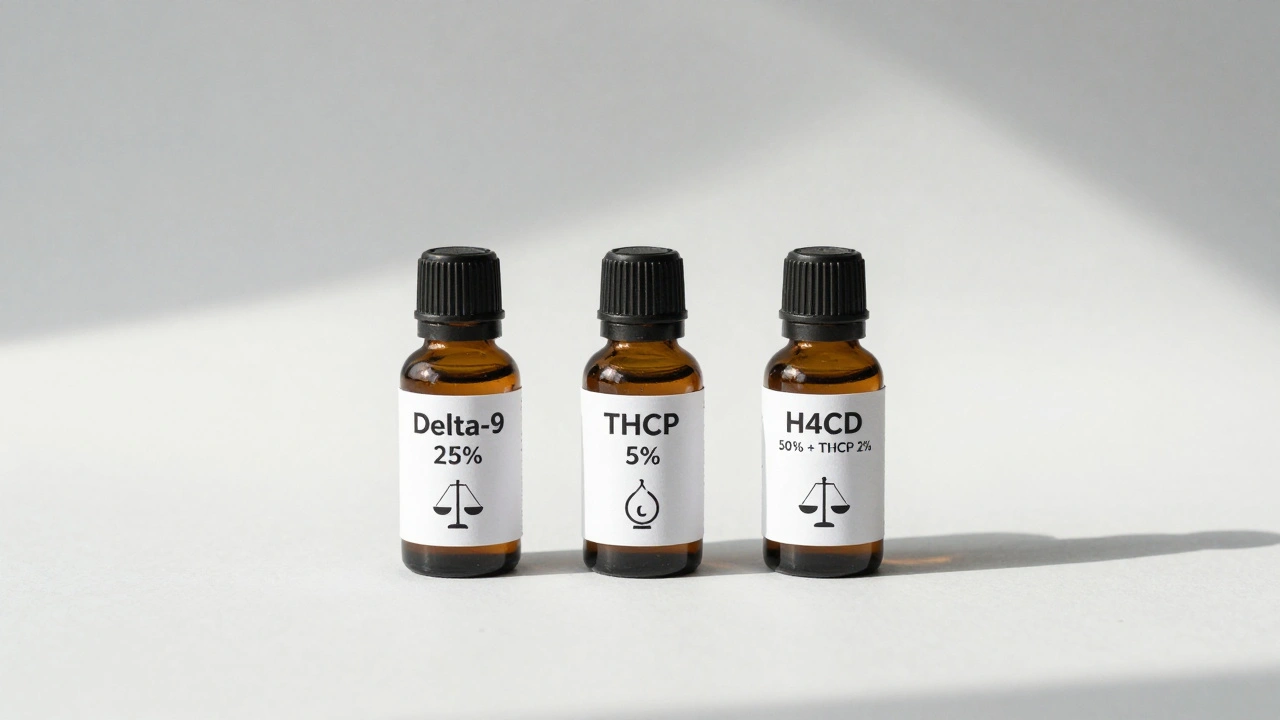 Tři lahvičky s kanabinoidy: delta-9, THCP a kombinace s H4CBD na bílém pozadí.
