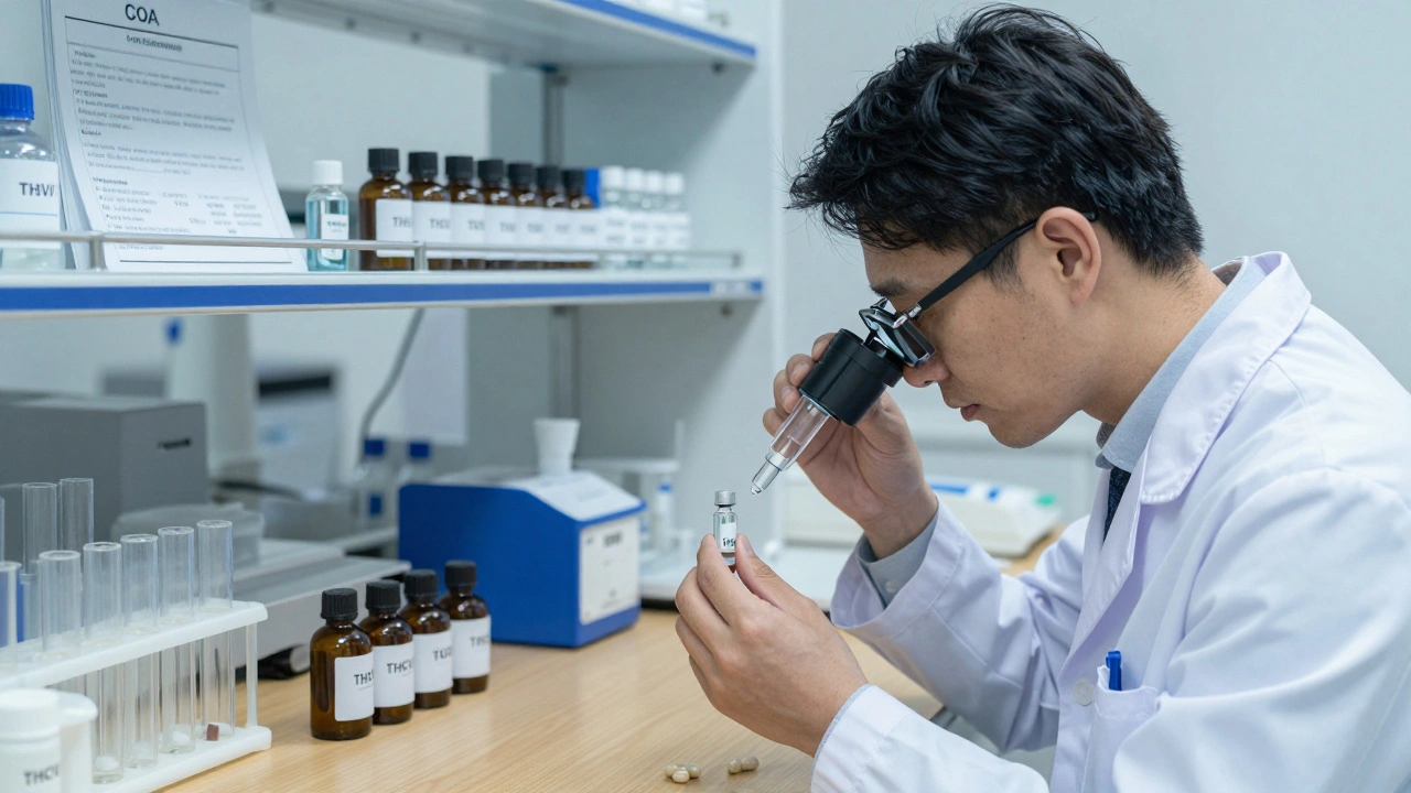 Vědec analyzuje THCV extrakt v laboratoři s certifikáty složení na pozadí.