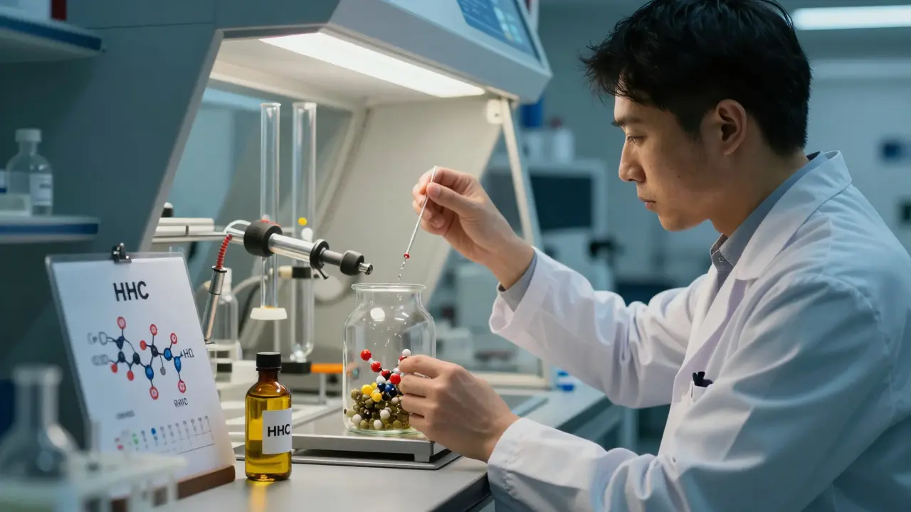 Vědec v laboratoři připravuje HHC z CBD pomocí chemických zařízení.