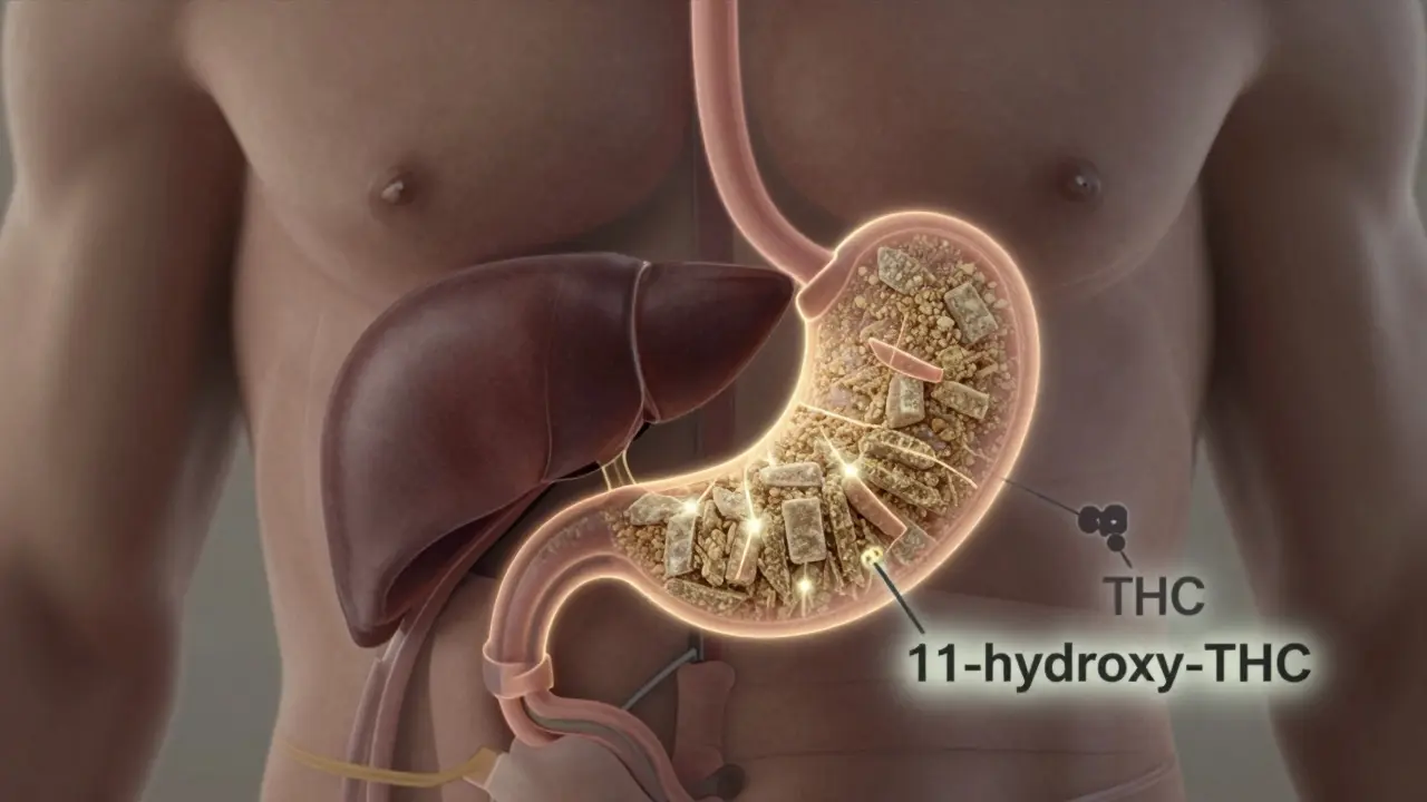 Vnitřní znázornění trávicího systému s přeměnou THC na 11-hydroxy-THC v játrech.