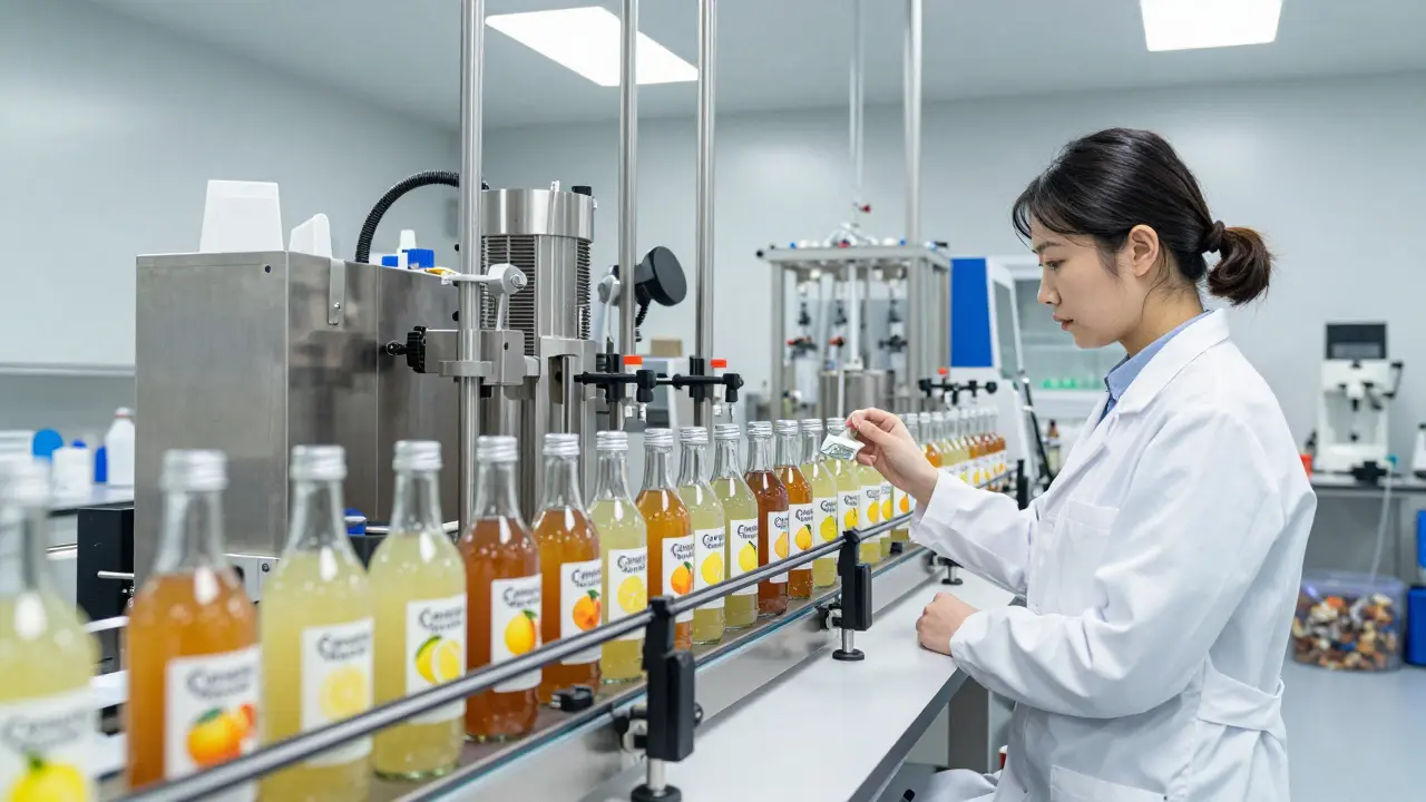 Automatizovaná výrobní linka s nápoji Canopy Rivers v kanadské laboratoři.