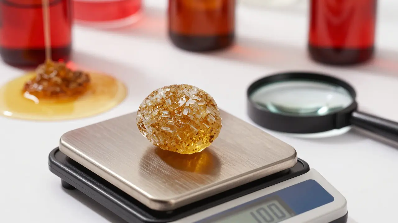CBD krumbel na laboratorní váze s porovnáním nevhodných koncentrátů.