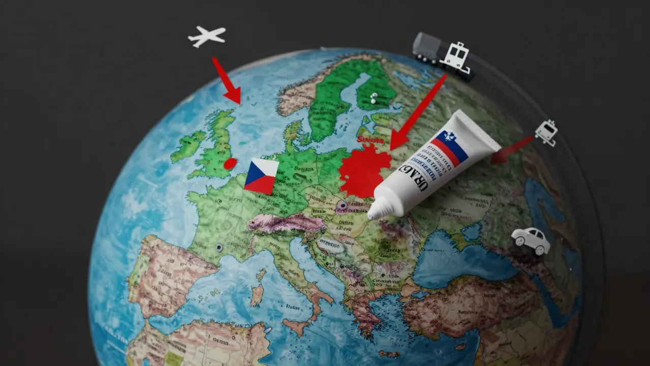Globus s označenými zeměmi EU podle legality CBD krému a krémová trubička na mapě.