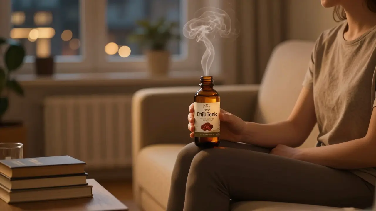 Osoba si odpočívá s nápojem Chill Tonic v klidném bytě večer.