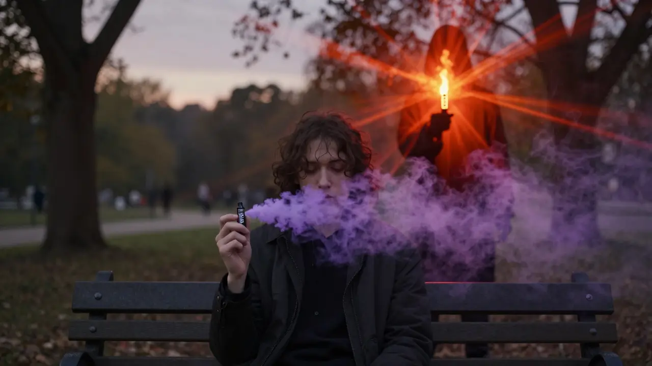 Osoba u klidného lavičky s HHC vape, za ní stín s HHC-O, který deformuje krajinu v tichém soumraku.