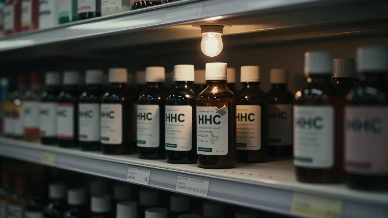 Regál s produkty HHC v českém obchodě, jedna láhev s odtrženou štítkem