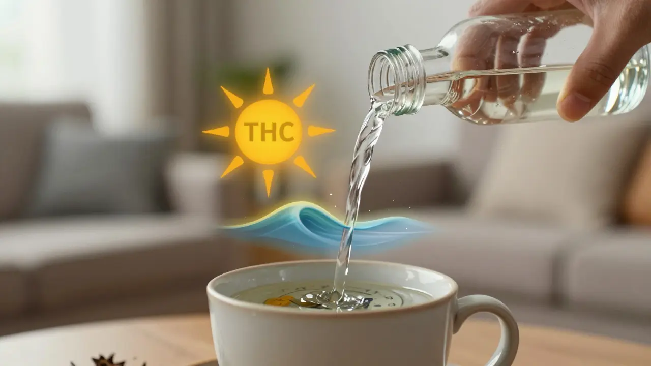 Ruka nalévá konopný nápoj do šálku, s vizuálními symboly THC a CBD ve kapkách.