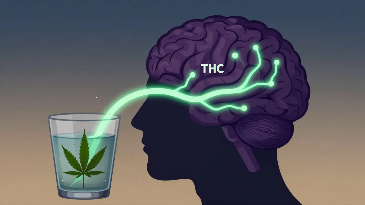 Silueta lidského mozku s dvěma barvenými cestami THC a CBD v nápoji.
