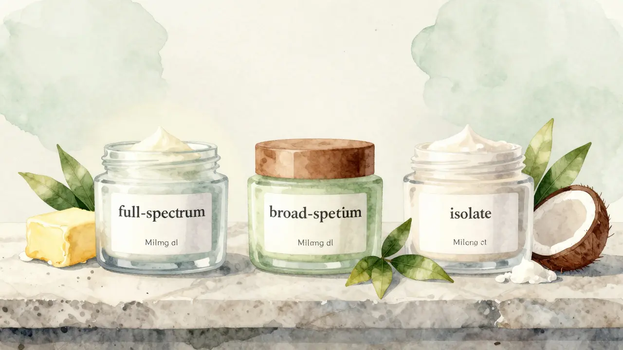 Tři druhy CBD krémů s přírodními ingrediencemi na kamenité ploše.