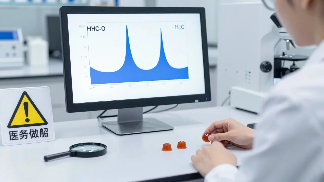 Vědec analyzuje chromatogram s vysokou koncentrací HHC-O v laboratoři, na stole dva lízátka s označením.
