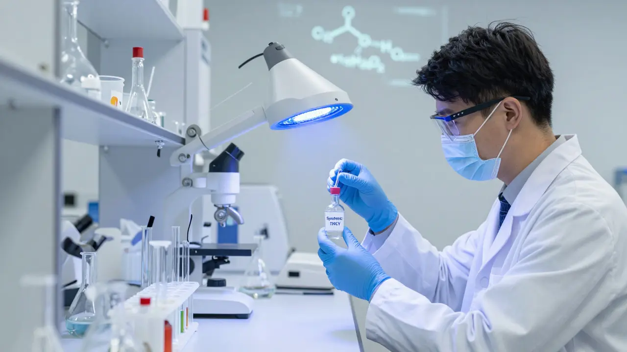 Vědec v laboratoři analyzuje syntetický THCV v zkumavce pod UV světlem.