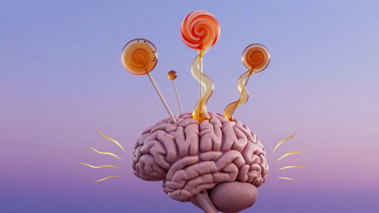 Abstraktní obrázek mozku s zlatými vlnami klidu a symbolickými tvary lollipopů reprezentujícími CBD a melatonin.