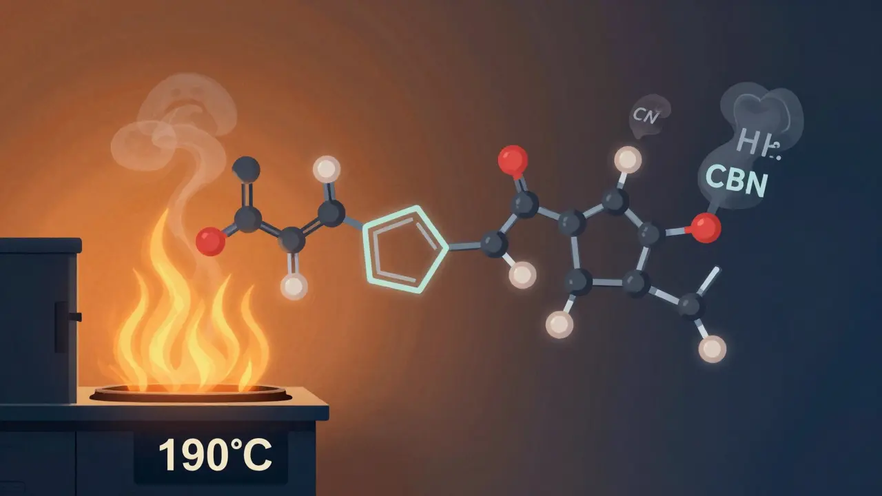 Chemická transformace CBD molekuly v CBN při vysoké teplotě s vypařujícími terpeny.