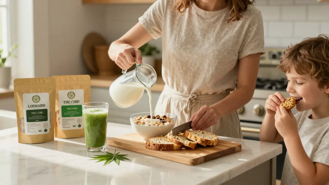 Family in Canada preparing meals with hemp milk, bread, and CBD cookies.