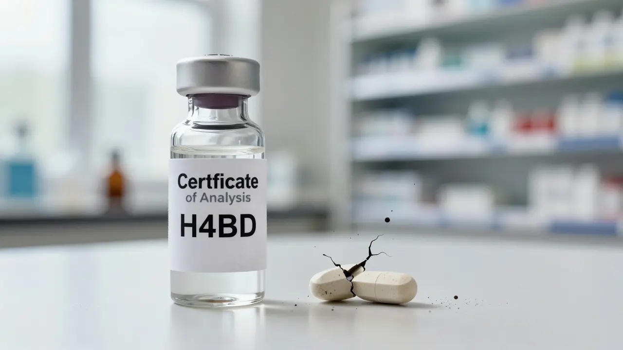 Laboratorní zkumavka s certifikátem čistoty vedle nečistého H4CBD produktu s patrnými toxickými příměsmi.